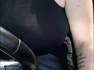 Stepmom drives uber first day flashes huge tits and belly on street exhibitionist