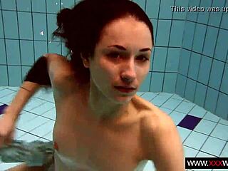 Brunette Janka's Long Hair Shimmers in Underwater Pool Shower Tease