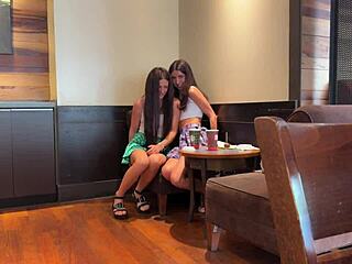 skinny student sluts flash at starbucks, pick up guys for rough anal doggystyle cum swap outdoors