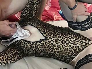 French milf in leopard bodysuit takes doggy pounding with ass licks and spanks