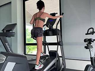 skinny tattooed gym girl with braces strips backstage for naked workout next