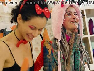 hey anuskatzz and stacy bloom go atm lesbian with huge halloween dildos... wild!