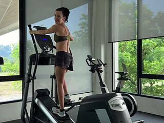 skinny tattooed gym girl with braces strips backstage for naked workout next