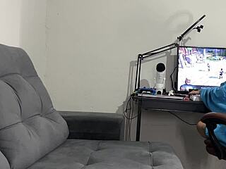 i caught him stroking his monster cock while gaming, so i dropped to suck it dry