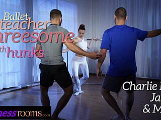 charlie red's fit body shakes in gym threesome spit roast till orgasm hits hard