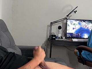 i caught him stroking his monster cock while gaming, so i dropped to suck it dry