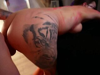 Blonde cutie relaxes in rough massage till monster cock unloads cum all over her tattooed belly