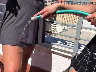 Two barefoot amateurs tease eric john's big dick with outdoor patio footjobs then wet dreams erupt