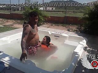 Raw passion explodes as I bareback fuck fat BBW lover outdoors in jacuzzi