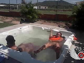 Raw passion explodes as I bareback fuck fat BBW lover outdoors in jacuzzi