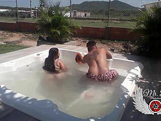 Raw passion explodes as I bareback fuck fat BBW lover outdoors in jacuzzi