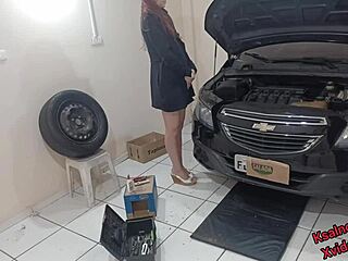 Boss horny AF teases mechanic, CUMMING on her ASS after DIRTY TALK in the workshop garage.