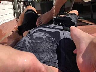 Two barefoot amateurs tease eric john's big dick with outdoor patio footjobs then wet dreams erupt