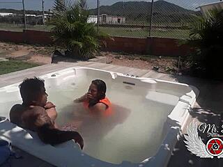 Raw passion explodes as I bareback fuck fat BBW lover outdoors in jacuzzi