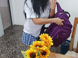 fake student latina in miniskirt rams dildo deep flashing huge tits