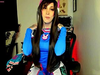 d va cosplay nerd goddess with braces spreads huge pussy lips for foot fetish reward