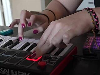 brunette nerd sways barefoot to music teasing her perfect toes