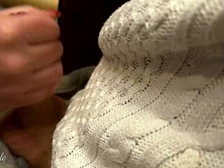 cute babe strokes cock under table then deepthroats in public toilet after sloppy handjob