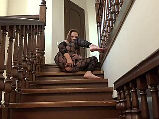 A Busty Milf Fingers Hairy Pussy And Clit On Stairs Before Anal Fuck Solo