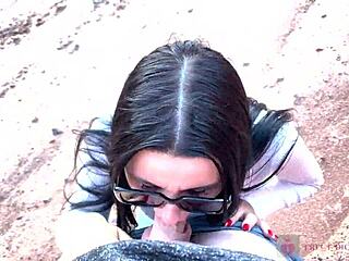 glasses girl feels thrill giving deep blowjob outdoors in stunning canyon