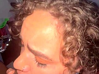 curly ebony nympho slurps huge cock before sloppy facial cumshot