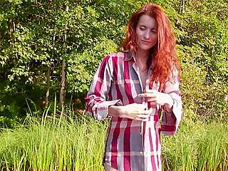 Petite Redhead Nude Beauty Poses Tits Out on Lake Outdoor Public Spot