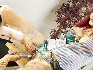 Mai Bailey and Eva May lick pussies while fingering with food in lingerie