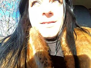 hey cheating wife, wanna suck cock outdoors in fur coat with husband's friend?