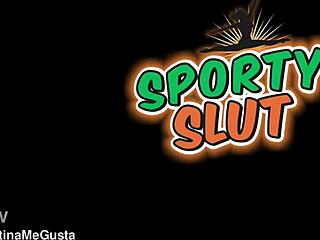 Skinny Brunette's Long Tongue Licks Puffy Pussy During G-String Gym Workout