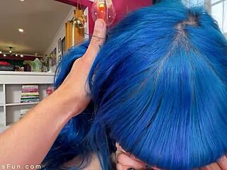 😈 blue-haired jewelz blu chats dirty then deepthroats rides cowgirl doggystyle for facial cumshot pov!