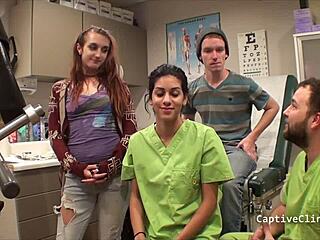 ami rogue's fraternal nurse fun backstage with redhead gagging deepthroat choking in latex gloves and handcuffs