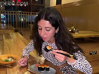 so i blew my load on her face at the sushi bar and she ate cum-covered rolls publicly