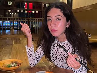 so i blew my load on her face at the sushi bar and she ate cum-covered rolls publicly