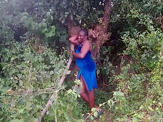 Hairy pussy drilled by monster black cock in outdoor bush