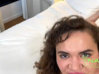 Curly ebony babe in lingerie spits on big white cock for her first rough doggystyle pounding pov