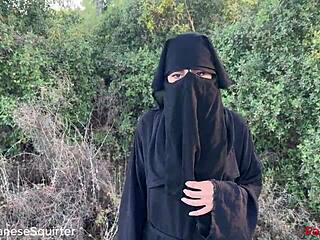 lebanese slut rubs wet pussy outdoors mounts huge colored dildo