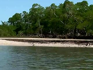 Latina milf with small firm tits teases and fucks wet pussy on beach bath