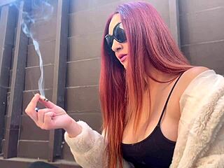 Artemisia Love puffs cig outdoors flashing her huge european milf tits casually