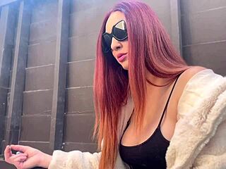 Artemisia Love puffs cig outdoors flashing her huge european milf tits casually