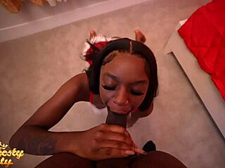 Petite Ebony Craves Christmas Monster BBC Deepthroat Creampie Tight Pussy Kissing