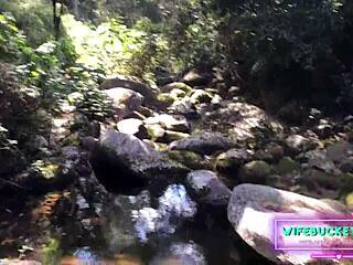 crafty cutie sneaks tongue into best girlfriend's wet folds deep in the forest