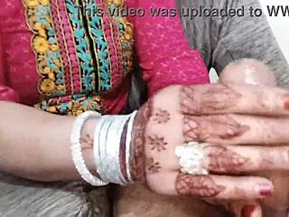 Muslim mistress moans dirty Hindi talk while handjob massaging servant's monster cock