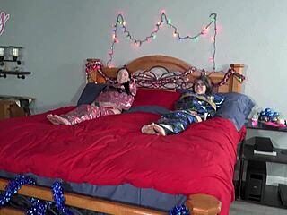holiday threesome brunette pigtails glasses rides huge cock missionary creampie after cunilingus
