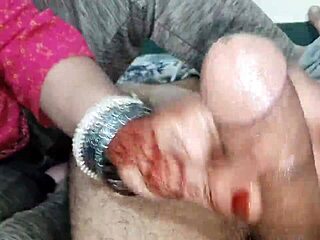 Muslim mistress moans dirty Hindi talk while handjob massaging servant's monster cock