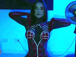 hot spiderwoman in cosplay rides fan's huge cock till he explodes inside.