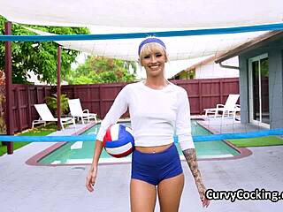 Volleyball babe spots trainer's hard cock and hops on for wild ride