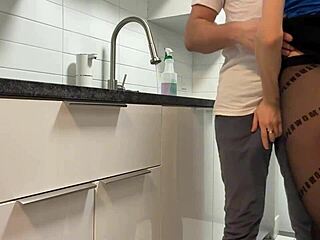 tiny 18+ brunette screams loud in kitchen play