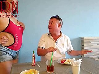 naked curvy waitress serves pussy from navel to horny restaurant guest