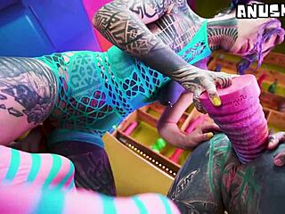 Goth babes fist gaping assholes with huge dildos and vibrators riding wild