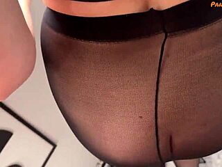 horny mature stella in black pantyhose kneels sucking my cock pov